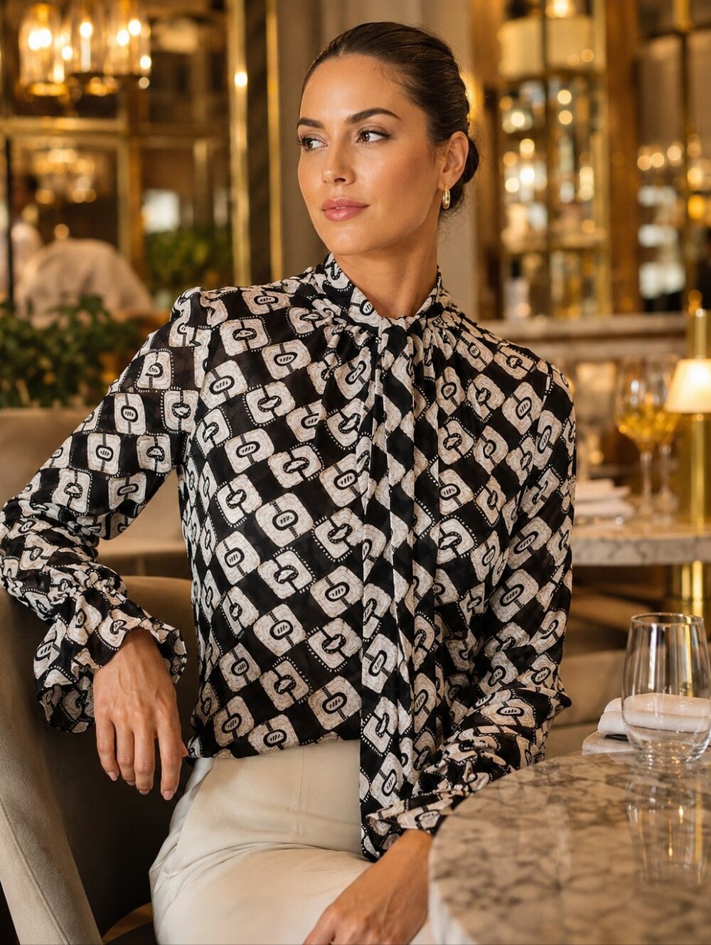 Diane von Furstenberg Womens Tina Top Blouse black white paisley chainlink print